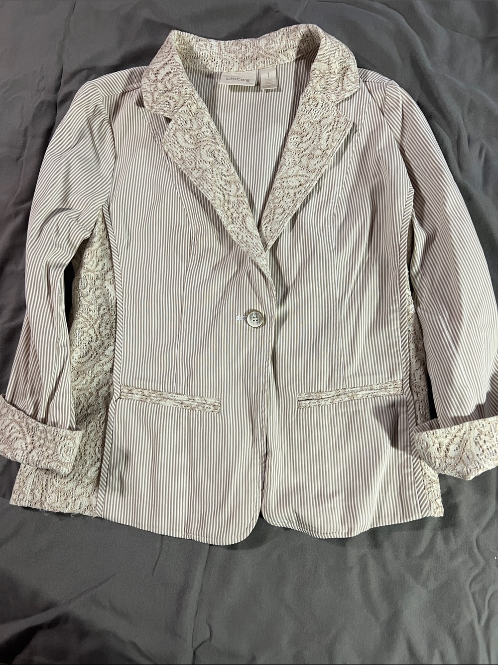 Chico's Cream and Taupe Pinstripe Lace-Trim Blazer